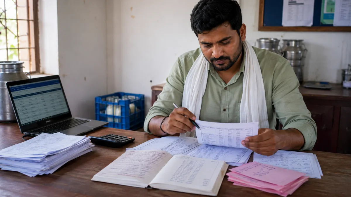 Indian dairy vendor reviewing monthly milk billing records using a notebook, Excel spreadsheet, calculator, and WhatsApp customer messages before generating customer bills.